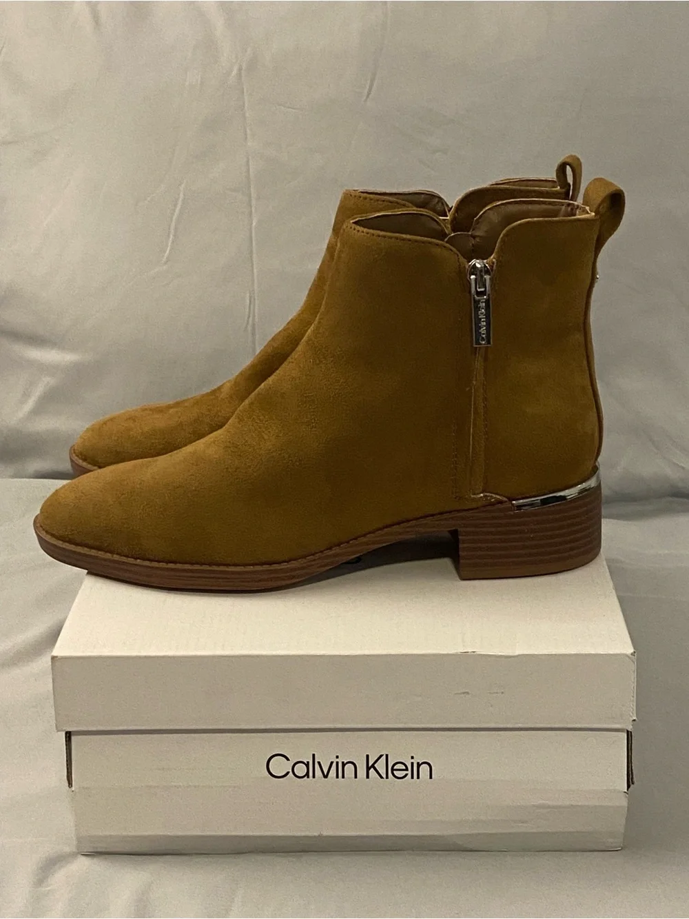 Calvin Klein Mustard Tan Suede Ankle Booties with Metallic Heel Accent